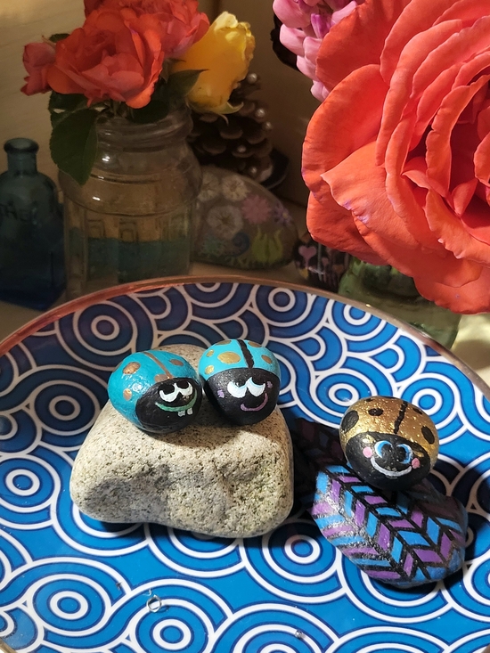 Handmade Other - Hand-Painted Blue and Gold Decorative Ladybug Stone Set - Home Accents
